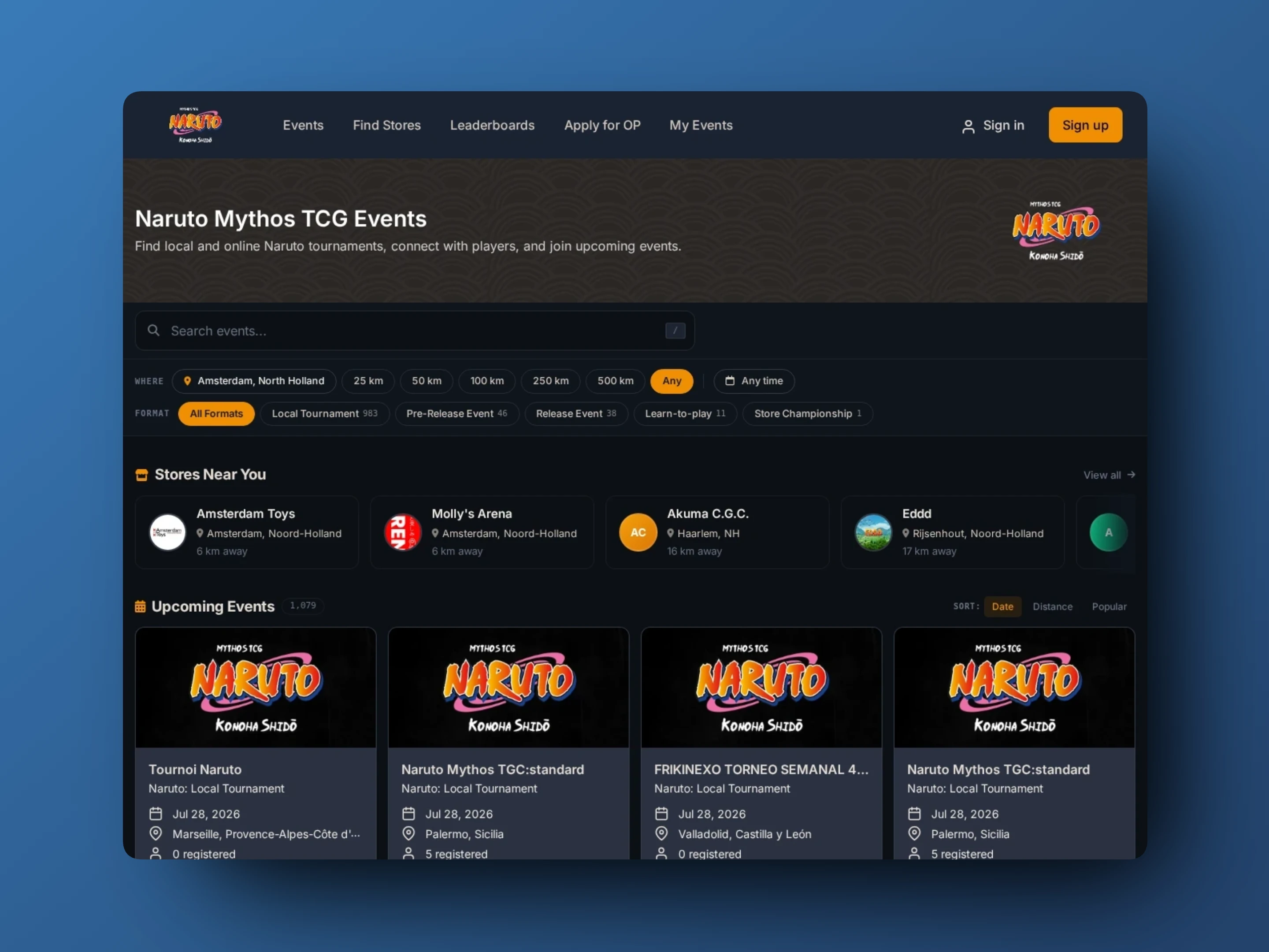 Naruto Mythos TCG white-label organized play hub — 1,000+ upcoming events across Europe